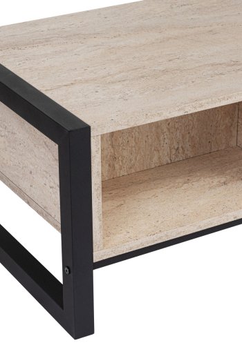 NORDVRK Haldizen salongbord, med 1 hylle og 1 skuff - travertin melamin og svart metall (105x55)