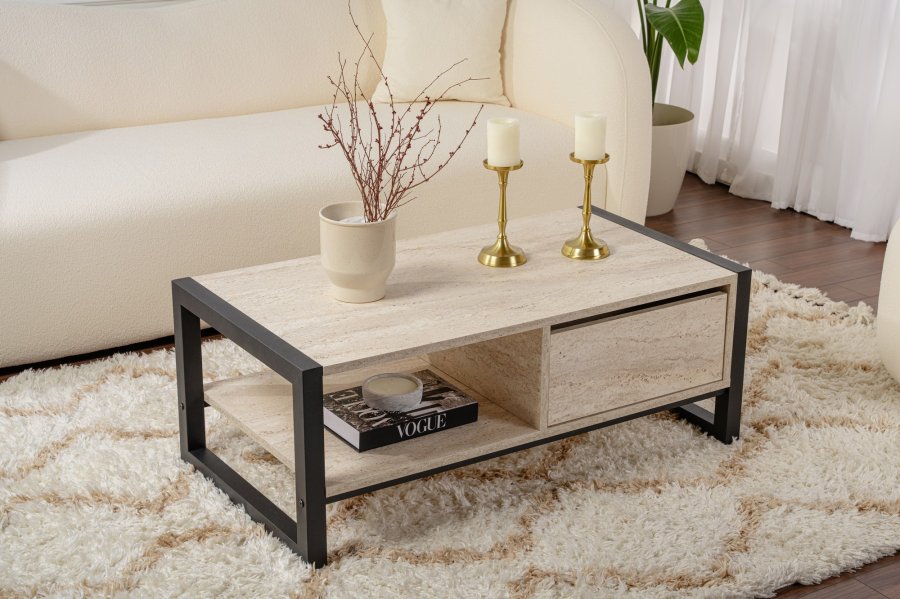 NORDVRK Haldizen salongbord, med 1 hylle og 1 skuff - travertin melamin og svart metall (105x55)