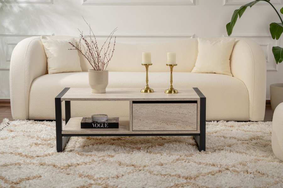 NORDVRK Haldizen salongbord, med 1 hylle og 1 skuff - travertin melamin og svart metall (105x55)