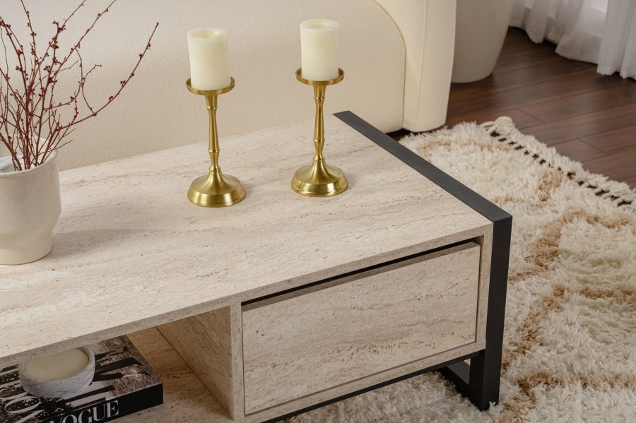 NORDVRK Haldizen salongbord, med 1 hylle og 1 skuff - travertin melamin og svart metall (105x55)