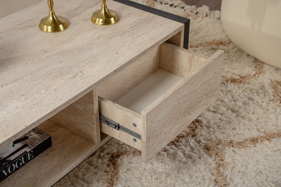 NORDVRK Haldizen salongbord, med 1 hylle og 1 skuff - travertin melamin og svart metall (105x55)