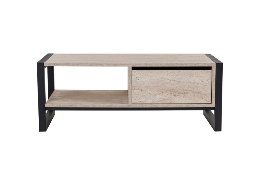 NORDVRK Haldizen salongbord, med 1 hylle og 1 skuff - travertin melamin og svart metall (105x55)