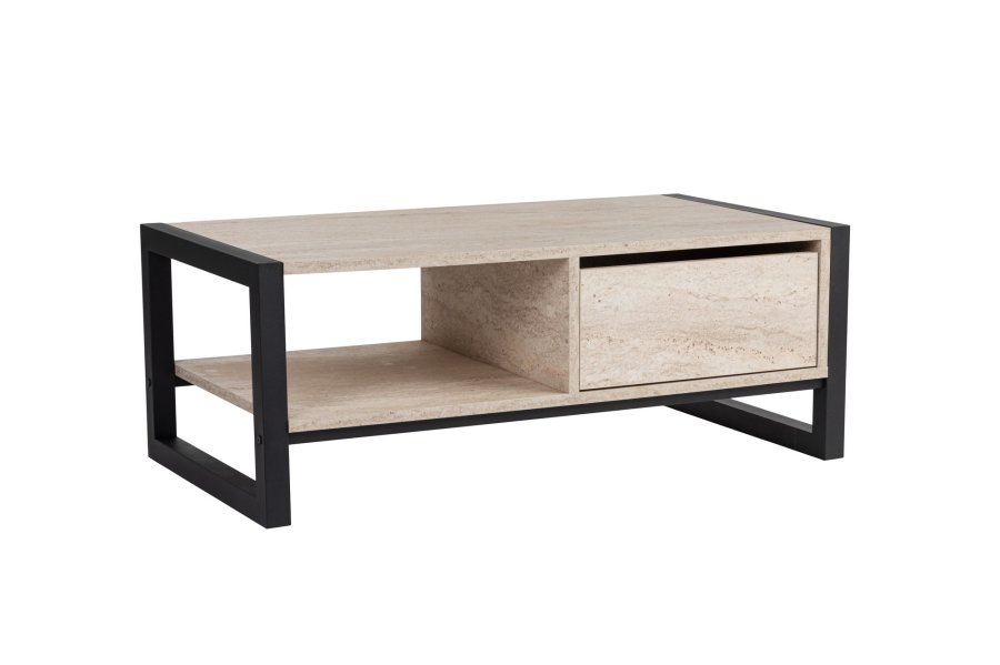 NORDVRK Haldizen salongbord, med 1 hylle og 1 skuff - travertin melamin og svart metall (105x55)