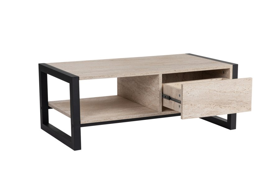NORDVRK Haldizen salongbord, med 1 hylle og 1 skuff - travertin melamin og svart metall (105x55)