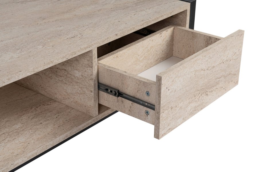 NORDVRK Haldizen salongbord, med 1 hylle og 1 skuff - travertin melamin og svart metall (105x55)