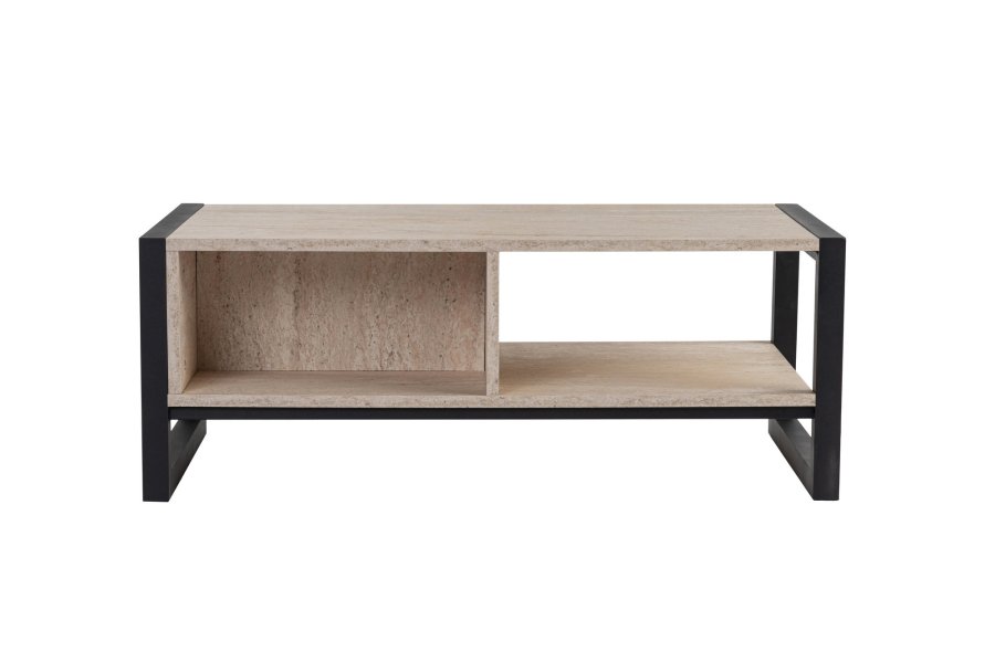 NORDVRK Haldizen salongbord, med 1 hylle og 1 skuff - travertin melamin og svart metall (105x55)