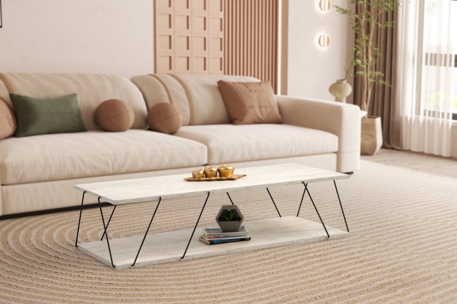 NORDVRK Labranda salongbord, med bunnhylle - travertin melamin og svart metall (120x50)