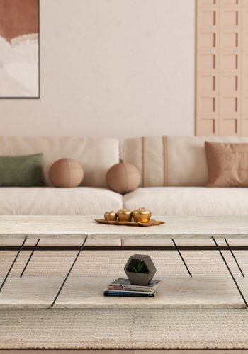 NORDVRK Labranda salongbord, med bunnhylle - travertin melamin og svart metall (120x50)