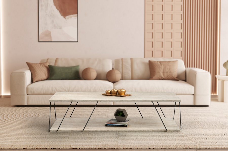 NORDVRK Labranda salongbord, med bunnhylle - travertin melamin og svart metall (120x50)