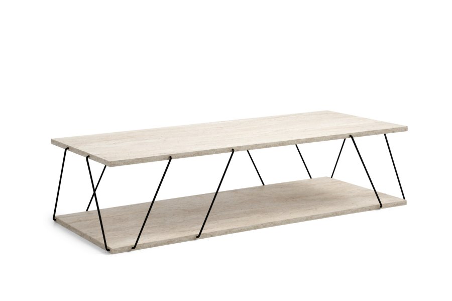 NORDVRK Labranda salongbord, med bunnhylle - travertin melamin og svart metall (120x50)