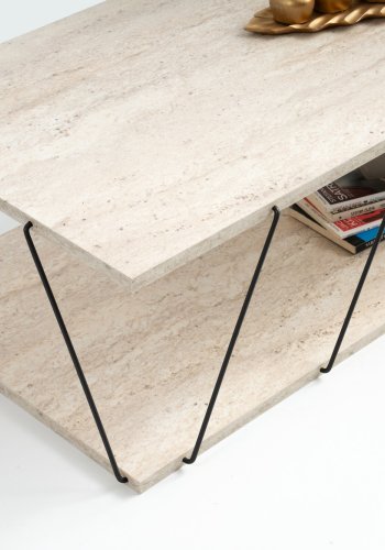 NORDVRK Labranda salongbord, med bunnhylle - travertin melamin og svart metall (120x50)