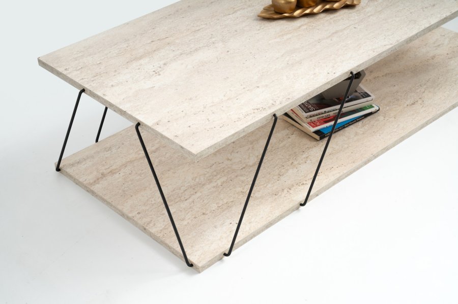 NORDVRK Labranda salongbord, med bunnhylle - travertin melamin og svart metall (120x50)