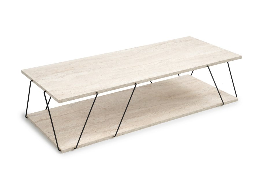 NORDVRK Labranda salongbord, med bunnhylle - travertin melamin og svart metall (120x50)