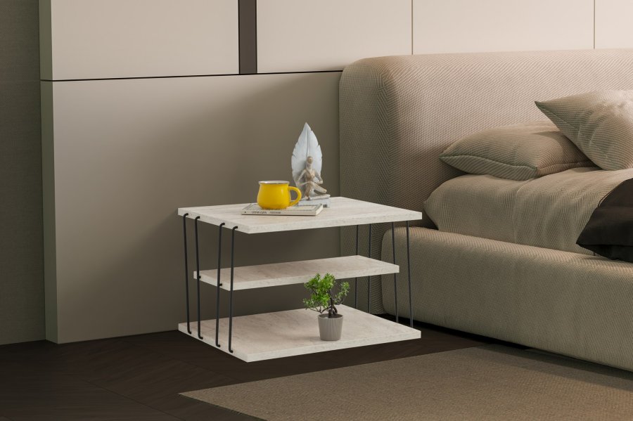 NORDVÄRK Lifon sidebord, med 2 hyller, rektangulrt - travertin melamin og svart metall (50x40)