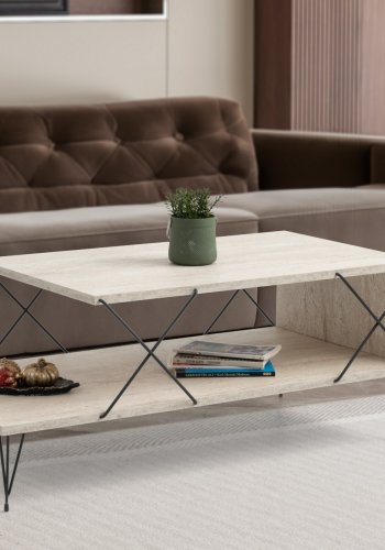 NORDVÄRK Loire salongbord, med 1 hylle - travertin melamin og svart metall (100x50)