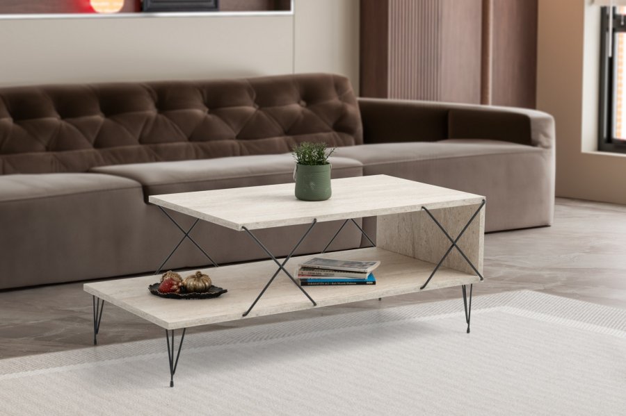 NORDVÄRK Loire salongbord, med 1 hylle - travertin melamin og svart metall (100x50)