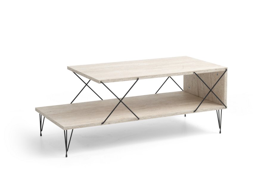 NORDVÄRK Loire salongbord, med 1 hylle - travertin melamin og svart metall (100x50)