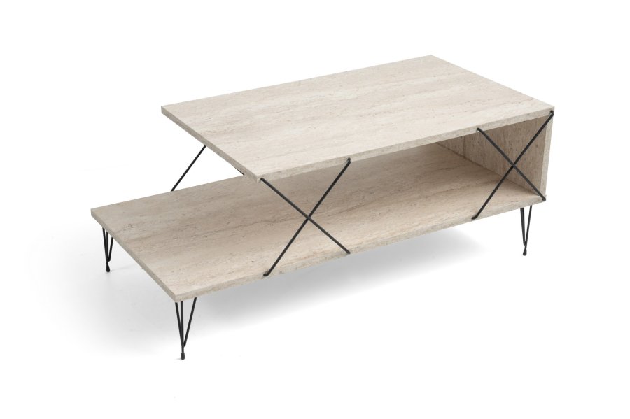 NORDVÄRK Loire salongbord, med 1 hylle - travertin melamin og svart metall (100x50)