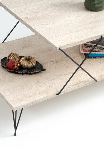 NORDVÄRK Loire salongbord, med 1 hylle - travertin melamin og svart metall (100x50)