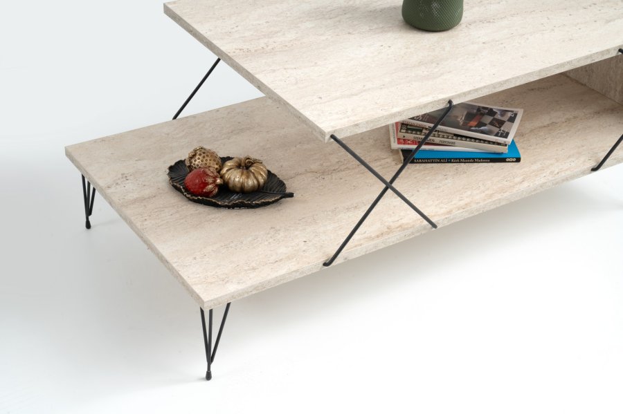 NORDVÄRK Loire salongbord, med 1 hylle - travertin melamin og svart metall (100x50)