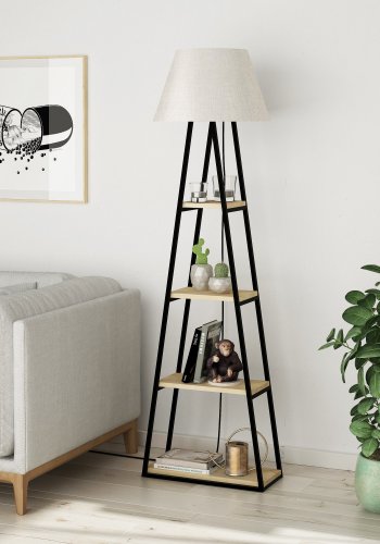 NORDVÄRK Pal gulvlampe, m. 4 hylder - linned og egefarvet melamin