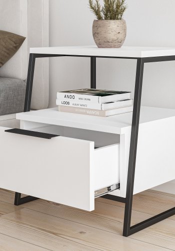 FUNZI LIVING Pal nattbord, m. 1 rom og 1 skuff - hvit melamin og svart metall (45x41)