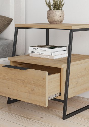 FUNZI LIVING Pal nattbord, m. 1 rom og 1 skuff - eik melamin og svart metall (45x41)