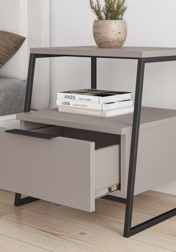 FUNZI LIVING Pal nattbord, med 1 rom og 1 skuff - lett mokka melamin og sort metall (45x41)