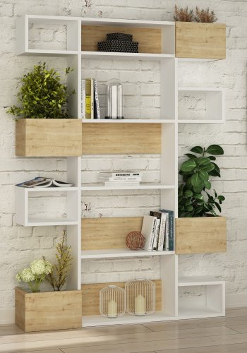 FUNZI LIVING Niho Bücherregal mit Regalen und Boxen - weißes und eichenfarbenes Melamin