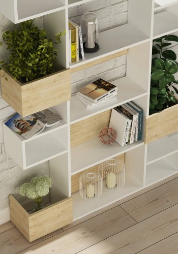 FUNZI LIVING Niho Bücherregal mit Regalen und Boxen - weißes und eichenfarbenes Melamin