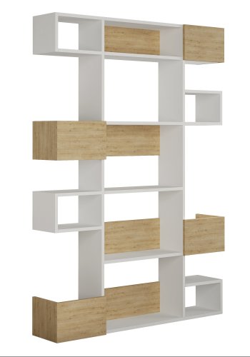 FUNZI LIVING Niho Bücherregal mit Regalen und Boxen - weißes und eichenfarbenes Melamin