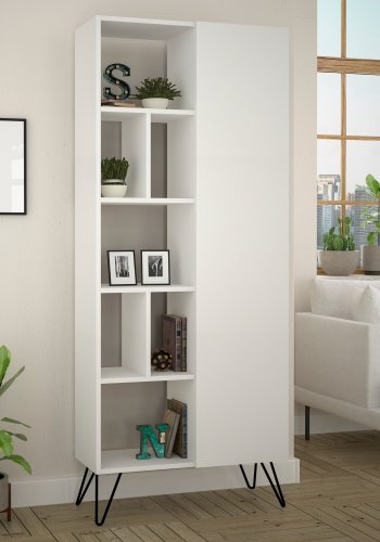 FUNZI LIVING Jedda Bücherregal, m. 1 Tür und 7 Regalen - weißes Melamin und Metall