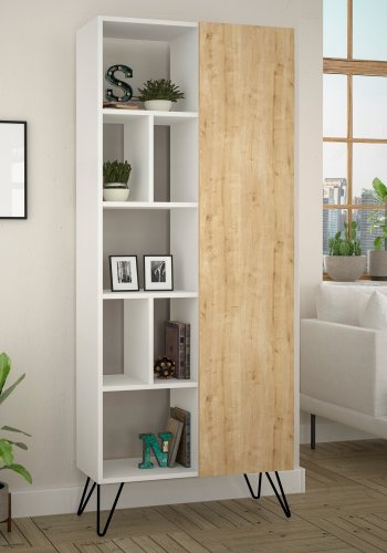 FUNZI LIVING Jedda Bücherregal, m. 1 Tür und 7 Regalen - weißes und eichenfarbenes Melamin und Metall
