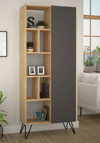FUNZI LIVING Jedda Bücherregal, m. 1 Tür und 7 Regalen - eichenfarbenes und anthrazitgraues Melamin und Metall