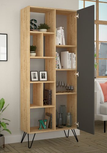 FUNZI LIVING Jedda Bücherregal, m. 1 Tür und 7 Regalen - eichenfarbenes und anthrazitgraues Melamin und Metall