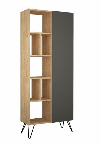 FUNZI LIVING Jedda Bücherregal, m. 1 Tür und 7 Regalen - eichenfarbenes und anthrazitgraues Melamin und Metall
