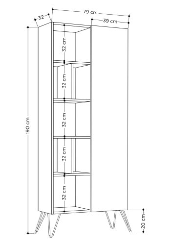 FUNZI LIVING Jedda Bücherregal, m. 1 Tür und 7 Regalen - eichenfarbenes und anthrazitgraues Melamin und Metall