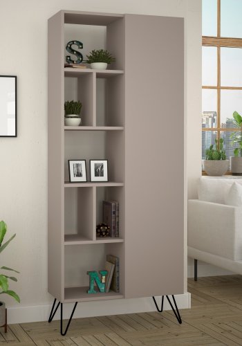 FUNZI LIVING Jedda Bücherregal, m. 1 Tür und 7 Regalen - helles mokkafarbenes Melamin und Metall