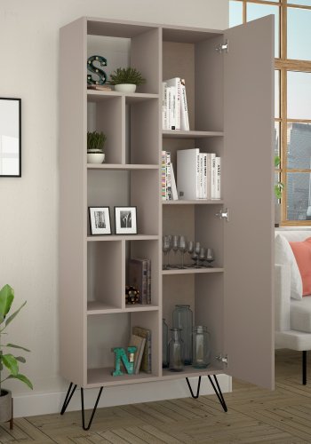FUNZI LIVING Jedda Bücherregal, m. 1 Tür und 7 Regalen - helles mokkafarbenes Melamin und Metall