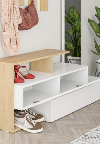 FUNZI LIVING Ramda inngangsoppsett, m. speil, 4 kroker, hyller - hvit og eik melamin