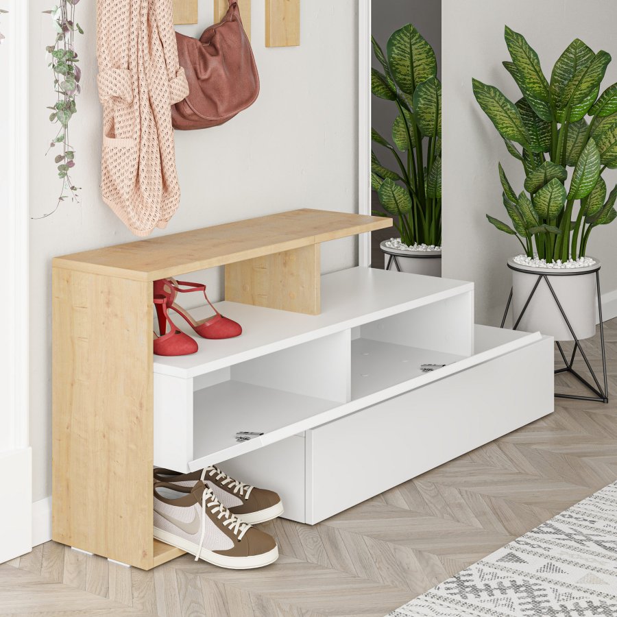 FUNZI LIVING Ramda inngangsoppsett, m. speil, 4 kroker, hyller - hvit og eik melamin