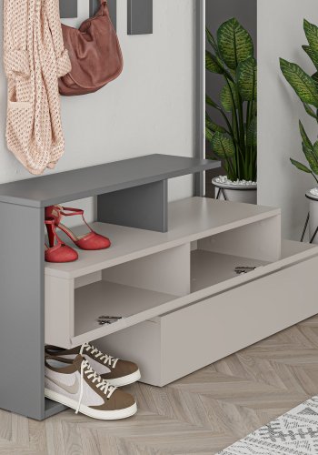 FUNZI LIVING Ramda inngangsoppsett, m. speil, 4 kroker, hyller - lys mokka og antrasittgr melamin