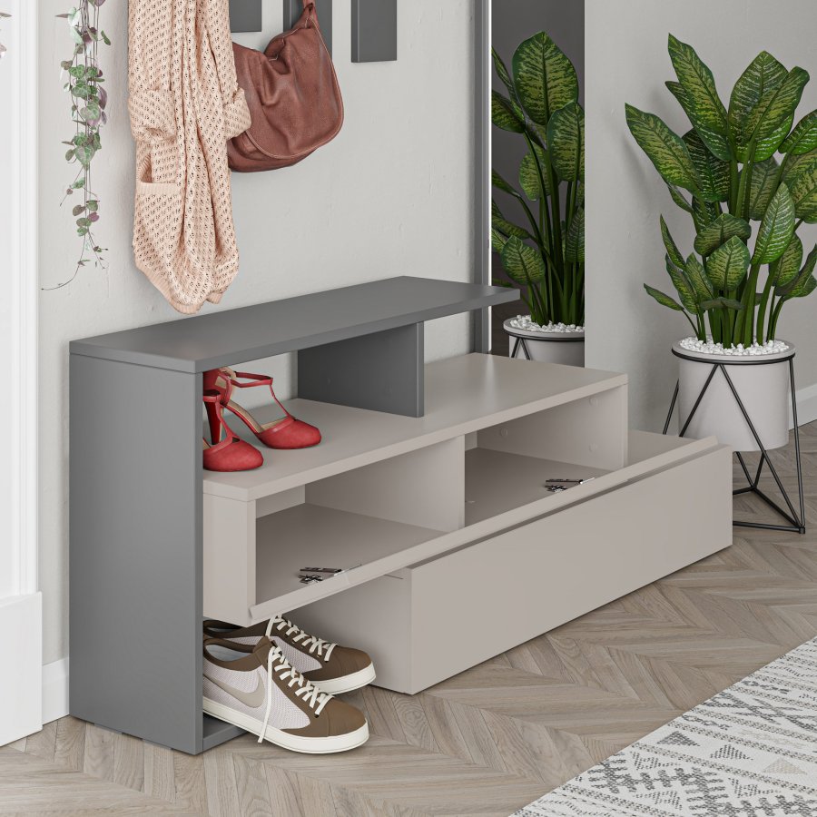 FUNZI LIVING Ramda inngangsoppsett, m. speil, 4 kroker, hyller - lys mokka og antrasittgr melamin