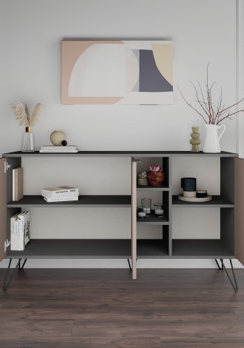 NORDVRK Clara konsollbord, m. 3 drer, 4 hyller - antrasittgr/lys mokka melamin og metall (142x35,6)