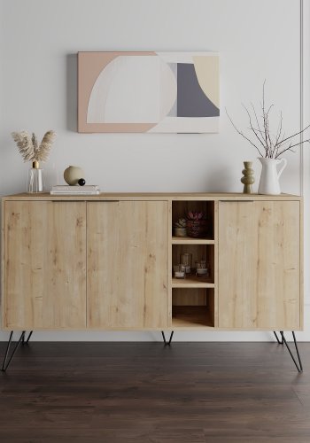 FUNZI LIVING Clara Sideboard mit 3 Türen und 4 Regalen - natürliches Melamin und Metall