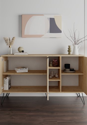 FUNZI LIVING Clara Sideboard mit 3 Türen und 4 Regalen - natürliches Melamin und Metall