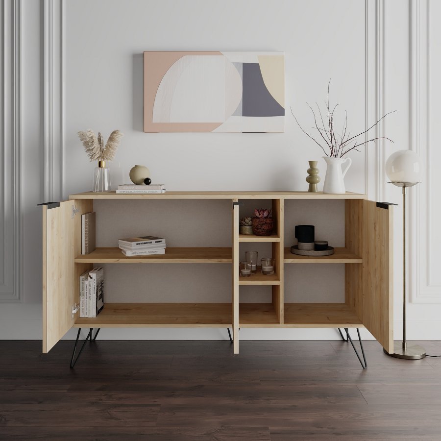 FUNZI LIVING Clara Sideboard mit 3 Türen und 4 Regalen - natürliches Melamin und Metall
