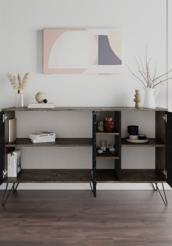 NORDVRK Clara konsollbord, m. 3 drer, 4 hyller - mrkebrun/Bendir melamin (142x35,6)