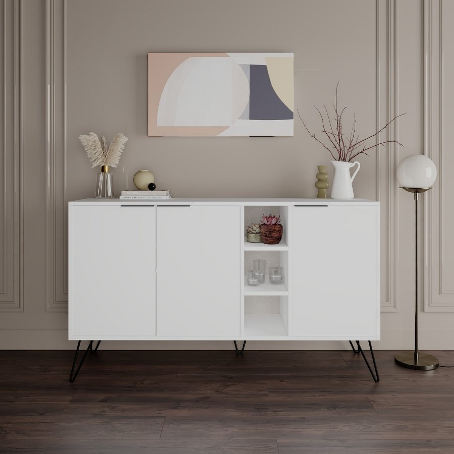 FUNZI LIVING Clara Sideboard, m. 3 Türen und 4 Regalen - weißes Melamin
