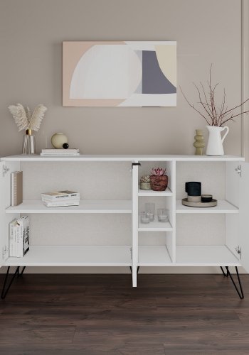 FUNZI LIVING Clara Sideboard, m. 3 Türen und 4 Regalen - weißes Melamin